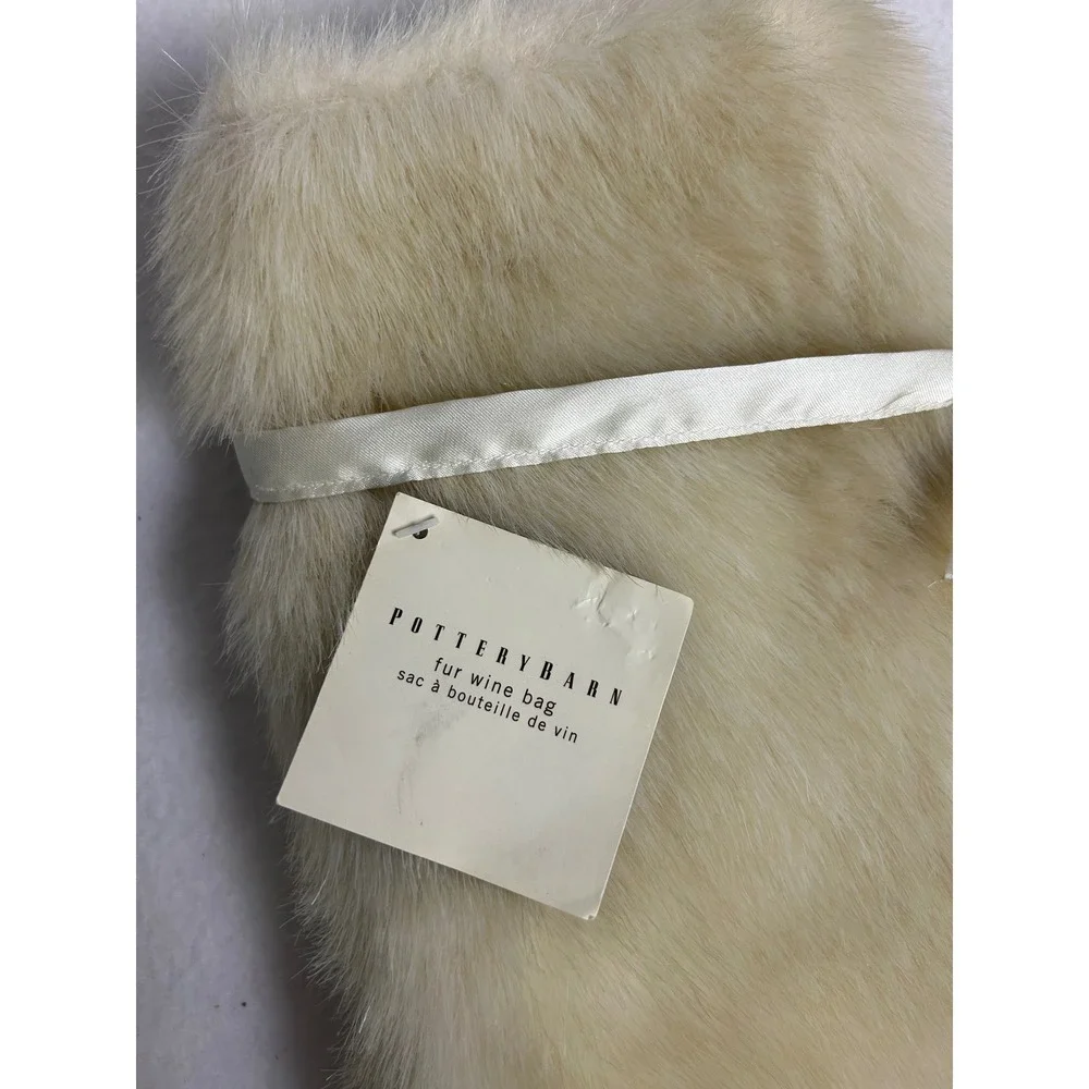 Luxury Glam Pottery Barn Ivory Faux Fur Wine Bottle Gift Bag Ribbon